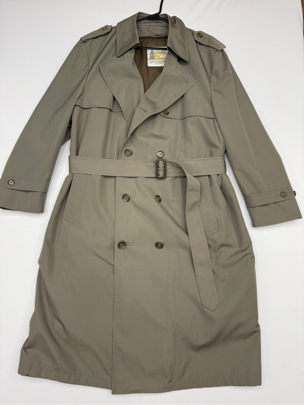 Vintage London Fog Khaki Double Breasted Trench Coat Size 44 Reg With Liner